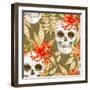 Vector Seamless Background. Exotic Flowers. Ylang, Palm Leaves, Skulls. Design for Fabrics, Textile-mamita-Framed Art Print