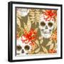 Vector Seamless Background. Exotic Flowers. Ylang, Palm Leaves, Skulls. Design for Fabrics, Textile-mamita-Framed Art Print