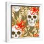 Vector Seamless Background. Exotic Flowers. Ylang, Palm Leaves, Skulls. Design for Fabrics, Textile-mamita-Framed Art Print