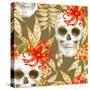 Vector Seamless Background. Exotic Flowers. Ylang, Palm Leaves, Skulls. Design for Fabrics, Textile-mamita-Stretched Canvas