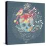 Vector Seamless Background with Skull in Flowers and Bird Singing. Spring Floral Concept Card in Me-smilewithjul-Stretched Canvas