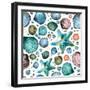 Vector Seamless Pattern Painted in Watercolor with Seashells and Starfish on a White Background.-Maria Tishchenko-Framed Photographic Print