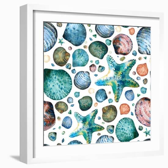 Vector Seamless Pattern Painted in Watercolor with Seashells and Starfish on a White Background.-Maria Tishchenko-Framed Photographic Print