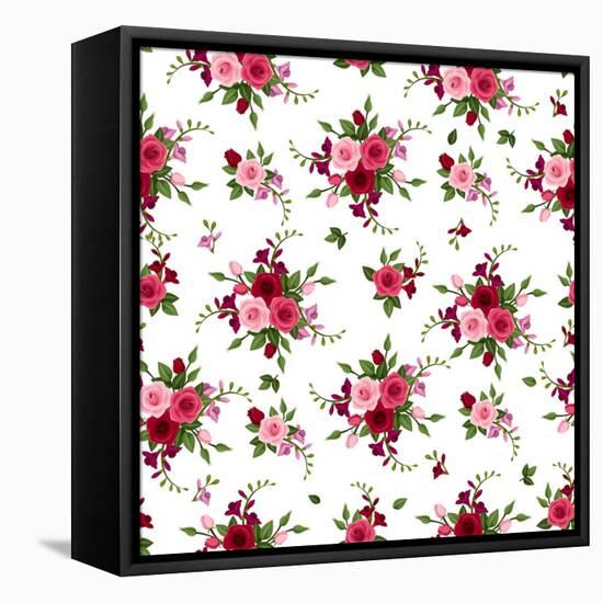 Vector Seamless Pattern Roses and Freesia.-Naddiya-Framed Stretched Canvas