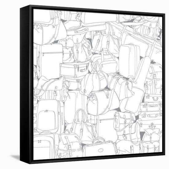 Vector Seamless Pattern with Black Contours of Different Travel Bags and Suitcases-TonTonic-Framed Stretched Canvas