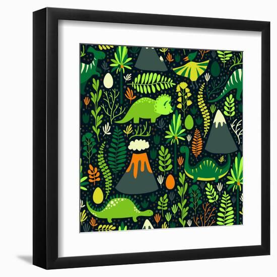 Vector Seamless Pattern with Different Dinosaurs, Floral Elements and Mountains. Cute Hand Drawing-Beskova Ekaterina-Framed Art Print