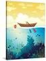 Vector Seascape - Wooden Boat on a Sunset Sky and Underwater Marine Life with School of Fish and Co-Natali Snailcat-Stretched Canvas