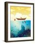 Vector Seascape - Wooden Boat on a Sunset Sky and Underwater Marine Life with School of Fish and Co-Natali Snailcat-Framed Art Print