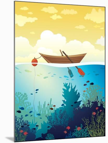 Vector Seascape - Wooden Boat on a Sunset Sky and Underwater Marine Life with School of Fish and Co-Natali Snailcat-Mounted Art Print