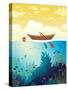 Vector Seascape - Wooden Boat on a Sunset Sky and Underwater Marine Life with School of Fish and Co-Natali Snailcat-Stretched Canvas