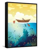 Vector Seascape - Wooden Boat on a Sunset Sky and Underwater Marine Life with School of Fish and Co-Natali Snailcat-Framed Stretched Canvas