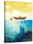 Vector Seascape - Wooden Boat on a Sunset Sky and Underwater Marine Life with School of Fish and Co-Natali Snailcat-Stretched Canvas