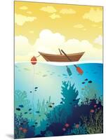 Vector Seascape - Wooden Boat on a Sunset Sky and Underwater Marine Life with School of Fish and Co-Natali Snailcat-Mounted Art Print