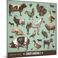 Vector Set: Farm Animals - Various Retro-Style Illustrations-AKaiser-Mounted Art Print