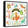 Vector Set of Cute Woodland and Forest Animals.Squirrel,Rabbit, Nightingale, Frog, Deer, Owl, Bird,-Ovocheva-Framed Stretched Canvas