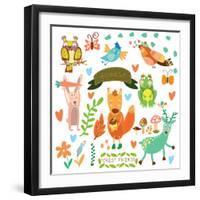 Vector Set of Cute Woodland and Forest Animals.Squirrel,Rabbit, Nightingale, Frog, Deer, Owl, Bird,-Ovocheva-Framed Premium Giclee Print