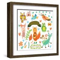 Vector Set of Cute Woodland and Forest Animals.Squirrel,Rabbit, Nightingale, Frog, Deer, Owl, Bird,-Ovocheva-Framed Art Print