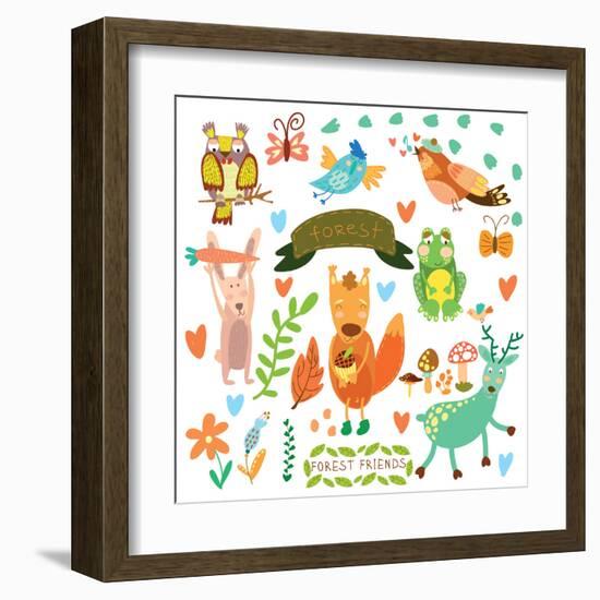 Vector Set of Cute Woodland and Forest Animals.Squirrel,Rabbit, Nightingale, Frog, Deer, Owl, Bird,-Ovocheva-Framed Art Print