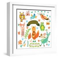 Vector Set of Cute Woodland and Forest Animals.Squirrel,Rabbit, Nightingale, Frog, Deer, Owl, Bird,-Ovocheva-Framed Art Print