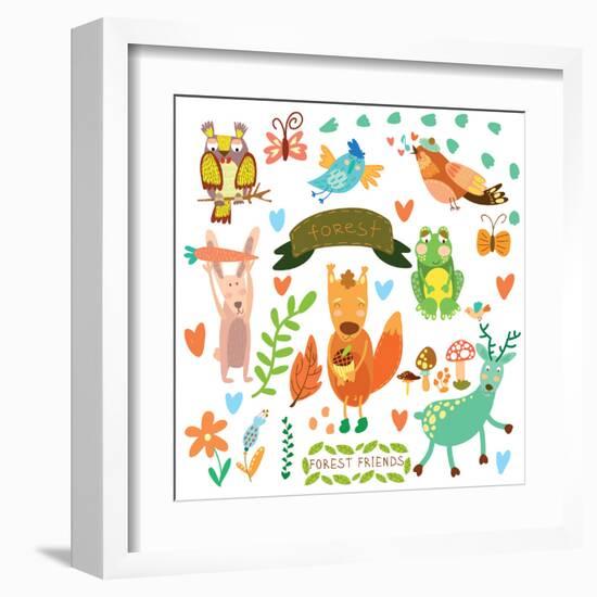 Vector Set of Cute Woodland and Forest Animals.Squirrel,Rabbit, Nightingale, Frog, Deer, Owl, Bird,-Ovocheva-Framed Art Print