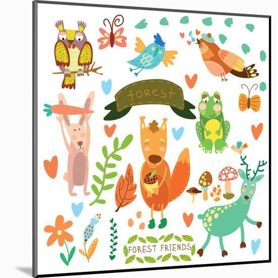 Vector Set of Cute Woodland and Forest Animals.Squirrel,Rabbit, Nightingale, Frog, Deer, Owl, Bird,-Ovocheva-Mounted Art Print