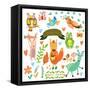 Vector Set of Cute Woodland and Forest Animals.Squirrel,Rabbit, Nightingale, Frog, Deer, Owl, Bird,-Ovocheva-Framed Stretched Canvas