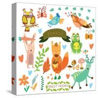 Vector Set of Cute Woodland and Forest Animals.Squirrel,Rabbit, Nightingale, Frog, Deer, Owl, Bird,-Ovocheva-Stretched Canvas