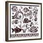 Vector Set of Fish, Shells and Flowers with Ornaments-transiastock-Framed Premium Giclee Print