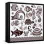 Vector Set of Fish, Shells and Flowers with Ornaments-transiastock-Framed Stretched Canvas