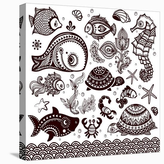 Vector Set of Fish, Shells and Flowers with Ornaments-transiastock-Stretched Canvas