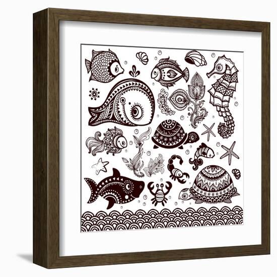 Vector Set of Fish, Shells and Flowers with Ornaments-transiastock-Framed Art Print