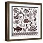 Vector Set of Fish, Shells and Flowers with Ornaments-transiastock-Framed Art Print