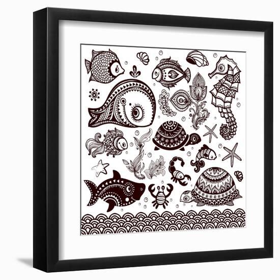 Vector Set of Fish, Shells and Flowers with Ornaments-transiastock-Framed Art Print