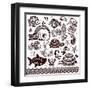 Vector Set of Fish, Shells and Flowers with Ornaments-transiastock-Framed Art Print