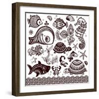 Vector Set of Fish, Shells and Flowers with Ornaments-transiastock-Framed Art Print