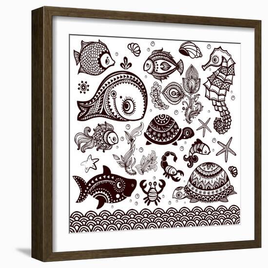 Vector Set of Fish, Shells and Flowers with Ornaments-transiastock-Framed Art Print