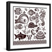 Vector Set of Fish, Shells and Flowers with Ornaments-transiastock-Framed Art Print