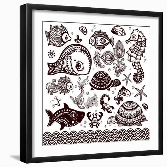 Vector Set of Fish, Shells and Flowers with Ornaments-transiastock-Framed Art Print