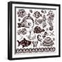 Vector Set of Fish, Shells and Flowers with Ornaments-transiastock-Framed Art Print