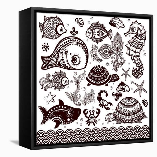 Vector Set of Fish, Shells and Flowers with Ornaments-transiastock-Framed Stretched Canvas