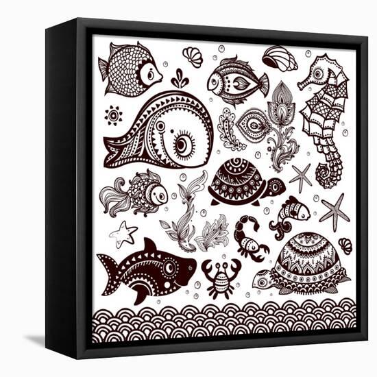 Vector Set of Fish, Shells and Flowers with Ornaments-transiastock-Framed Stretched Canvas