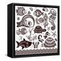 Vector Set of Fish, Shells and Flowers with Ornaments-transiastock-Framed Stretched Canvas