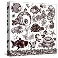 Vector Set of Fish, Shells and Flowers with Ornaments-transiastock-Stretched Canvas