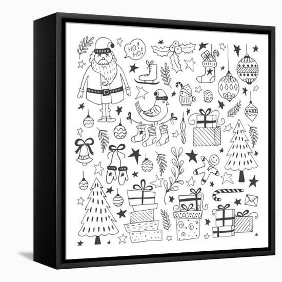 Vector Set of Hand Drawn Outline Christmas Illustrations. Clipart Collection with Santa Claus, Chri-darijashka-Framed Stretched Canvas