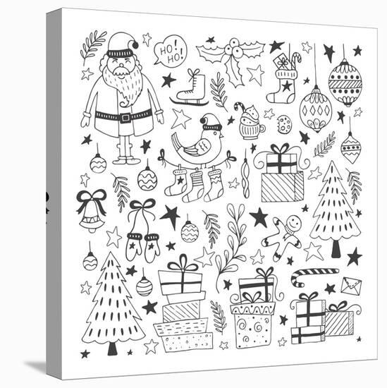 Vector Set of Hand Drawn Outline Christmas Illustrations. Clipart Collection with Santa Claus, Chri-darijashka-Stretched Canvas