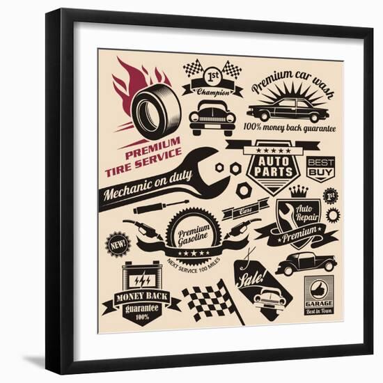 Vector Set of Vintage Car Symbols and Logos-Lukeruk-Framed Art Print