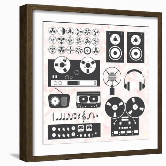 Vector Set: Retro Music Recording Equipment Objects-vreddane-Framed Art Print