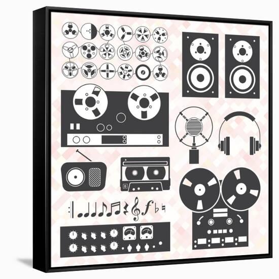 Vector Set: Retro Music Recording Equipment Objects-vreddane-Framed Stretched Canvas