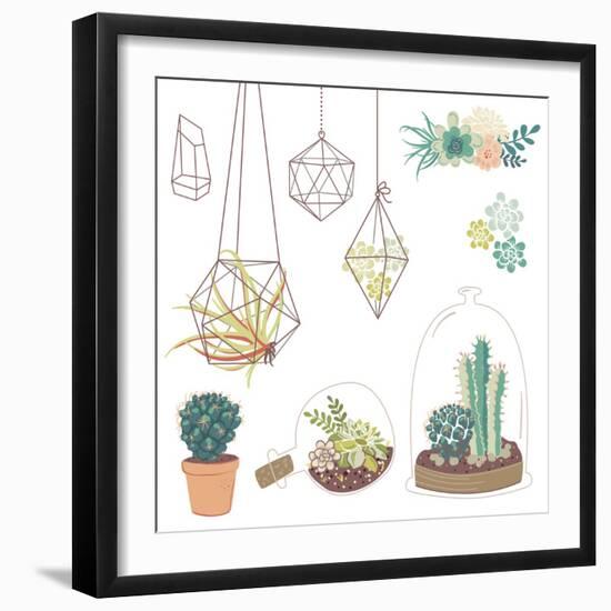 Vector Set with Succulents, Flowers and Glass Terrariums-Alisa Foytik-Framed Art Print