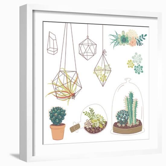 Vector Set with Succulents, Flowers and Glass Terrariums-Alisa Foytik-Framed Art Print